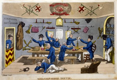 Midshipman&39;s Berth，1818年由John Mitford撰写的“海军约翰尼新历险记”（手绘色的aquatint） 作者 查尔斯·威廉姆斯